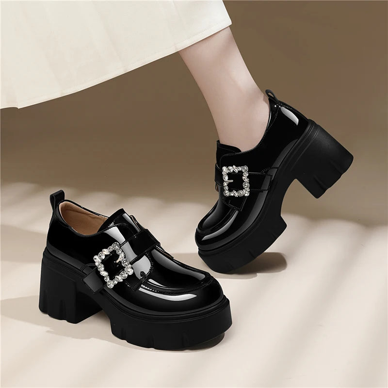 AUTUSPIN 2025 Fashion Crystal Elegant Pumps Female Round Tou High Platform Thick Heels Woman Microfiber Leather Ladies Shoes