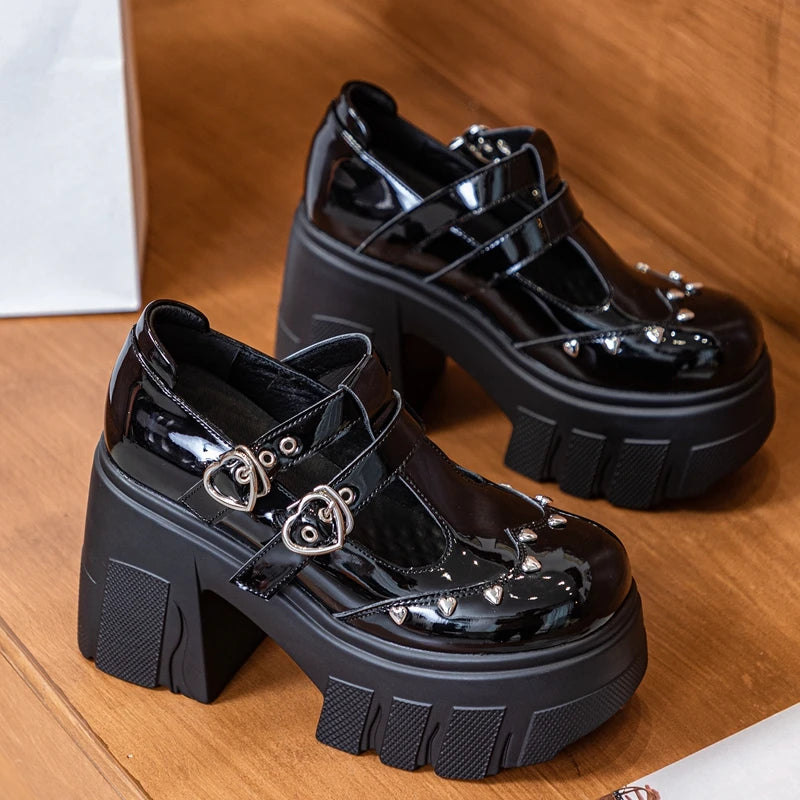 AUTUSPIN Metal Love Decoration Women Pumps High Platform Punk Woman Shoes Summer Round Toe 11cm Block Heels Party Wedding Shoes