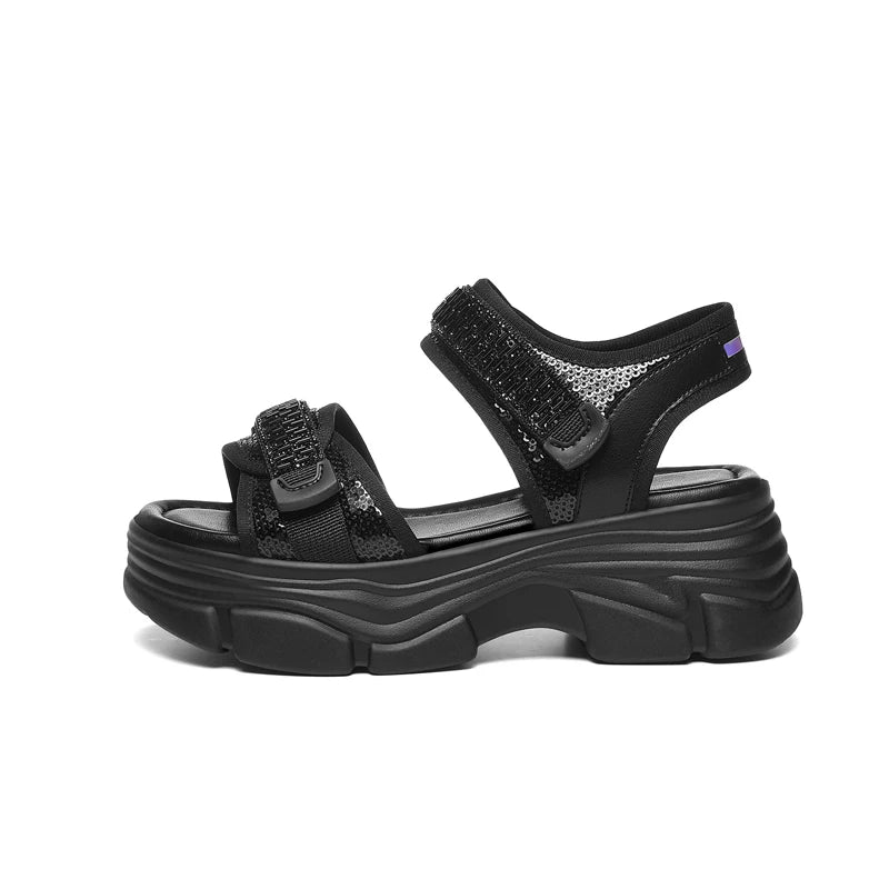 Autuspin 4.5cm Thick Bottom Women Rome Sandals Summer Fashion Ladies Leisure Ankle Wrap Shoes Woman Genuine Leather Bling Flats