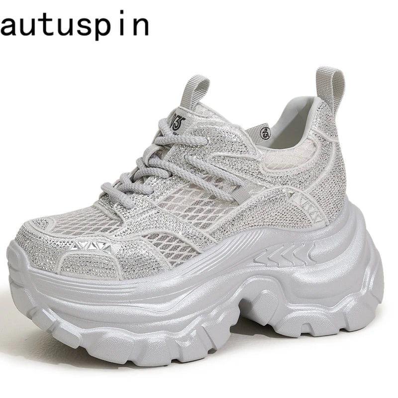 AUTUSPIN 9cm Women Internal Heighten Shoes Summer Patchwork Mesh Crystal Shiny Shoes Ladies Thick Bottom Platform Chunky Sneaker