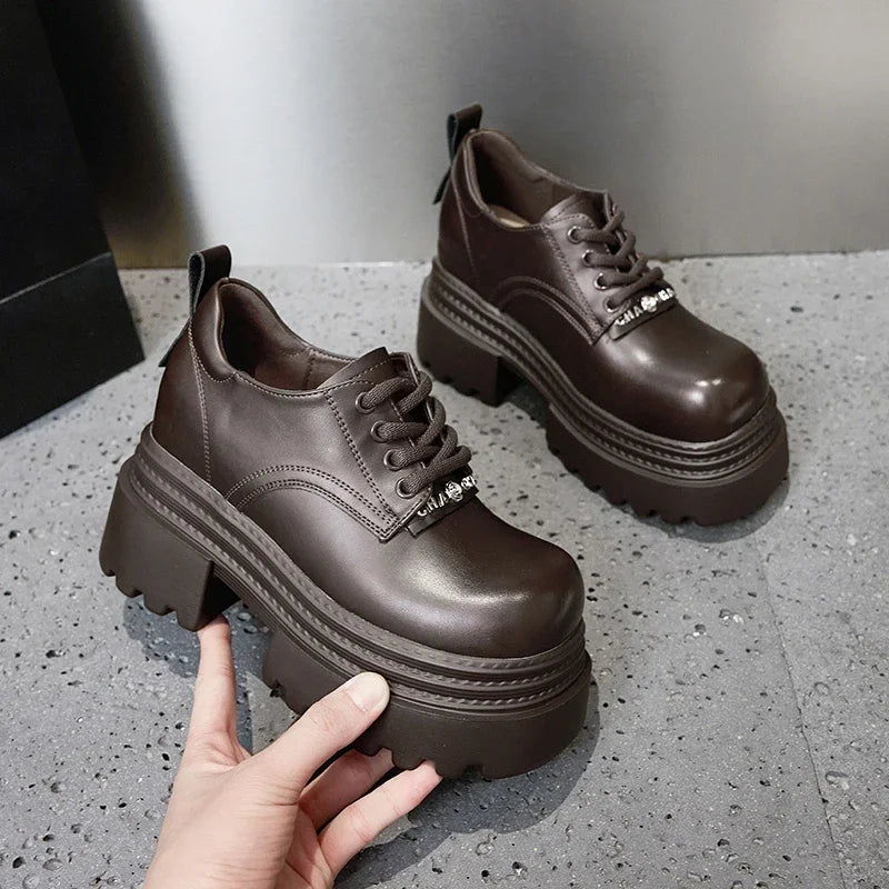 AUTUSPIN 2025 New Lace-up Women Pumps Fashion Office Ladies Leather Oxfords Shoes Daily Thick High Heels Platform Woman Loafers