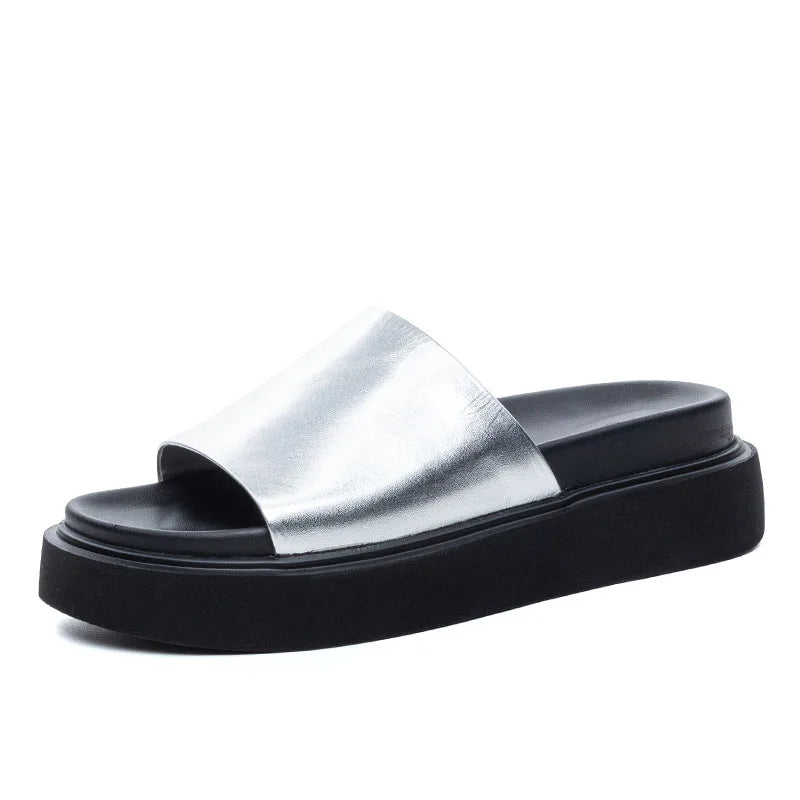 DRKANOL Fashion Women Chunky Platform Slippers Summer Slip On Open Toe Cow Genuine Leather Wedges Heel Slippers Casual Slides