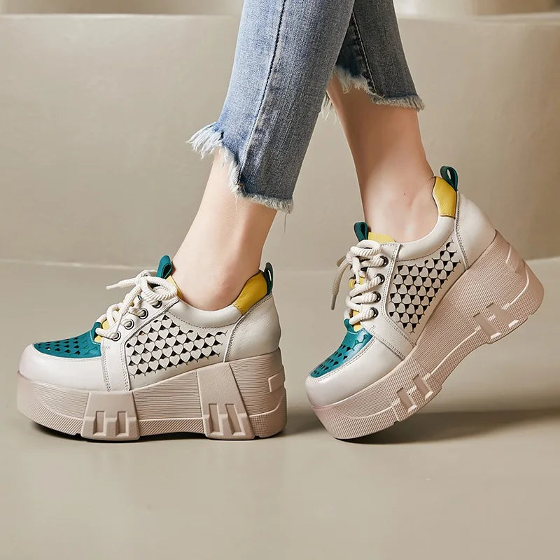 DRKANOL Fashion Summer Chunky Platform Shoes Women 2024 Genuine Cow Leather Mixed Colors Hollow Out Breathable Wedges Heel Shoes