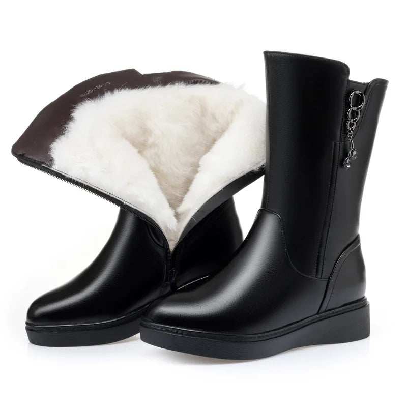 WOIZGIC Female Ladies Boots Women's Mid Calf Winter Fur Wool Plush Warm Zipper Genuine Leather Shoes Boots Plus Size 42 43 Snow