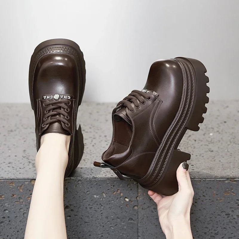 AUTUSPIN 2025 New Lace-up Women Pumps Fashion Office Ladies Leather Oxfords Shoes Daily Thick High Heels Platform Woman Loafers