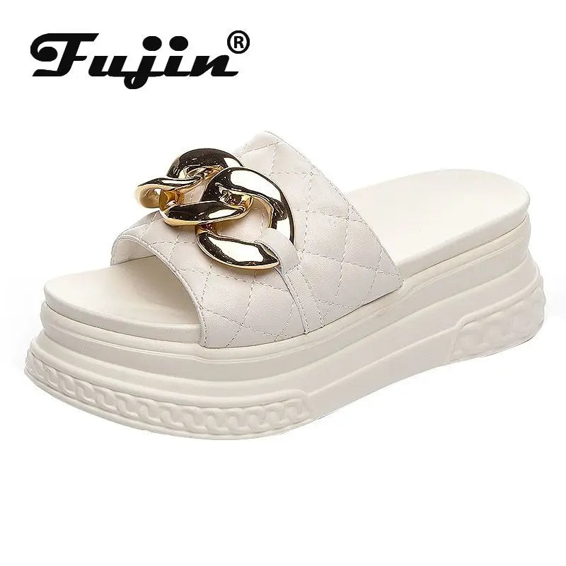 Fujin 7cm Genuine Leather Women Summer Shoes Outside Slippers Beach Shoes Platform Wedges Slides Sandals Beach Shoes