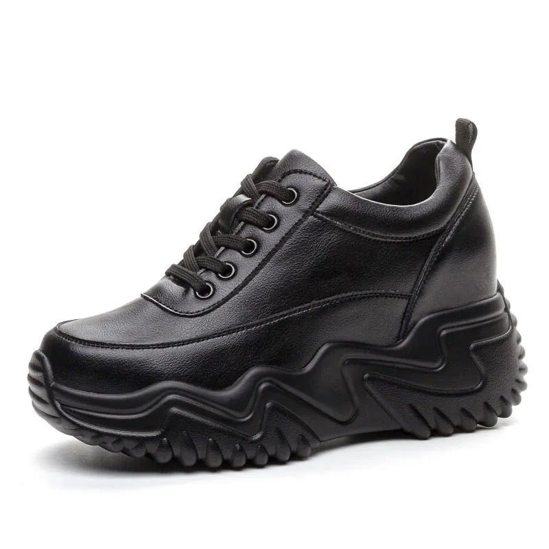 DRKANOL Fashion Platform Casual Sneakers Women Real Cowhide Thick Sole Wedges Heel Height Increasing Solid Color White Shoes