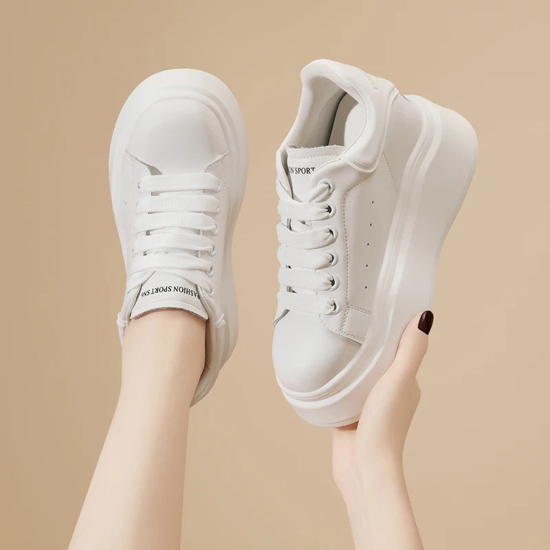 AUTUSPIN 6cm Chunky Shoes for Women Genuine Leather Lace Up Vulcanized Sneakers Spring Fashion Casual Non Slip Platform Sneaker