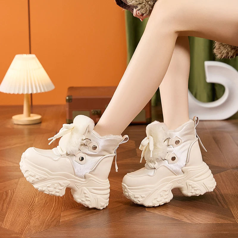AUTUSPIN 8cm High Platforms Snow Boots Women 2025 Winter Spring Warm Plush High-top Sneakers Female Fashion Short Booties Woman