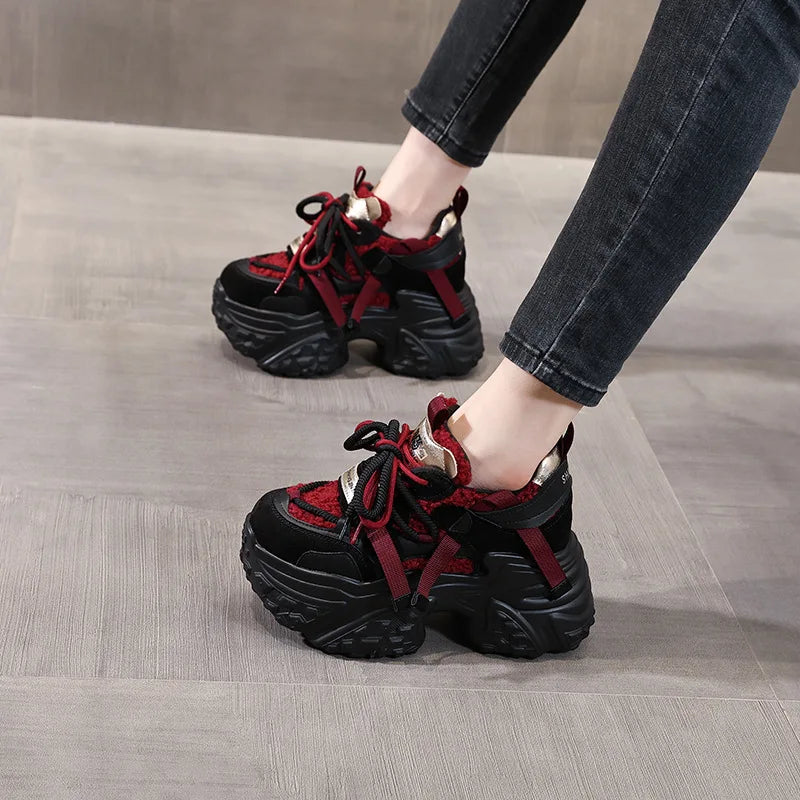 Fujin 9.5cm Women Synthetic Leather Spring Chunky Sneakers  Winter Plush Fashion Ankle Booties Autumn Platform Wedge Flats Shoes