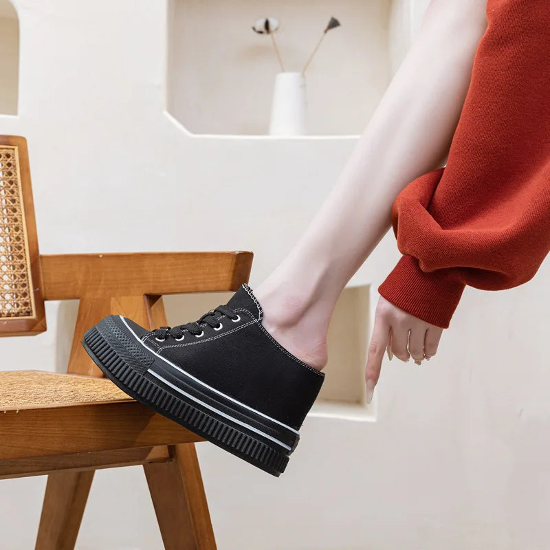 Fujin 13cm 2025 Denim Leather Platform Wedge Flats Shoes Chunky Sneaker Casual Comfy High Brand Slipper Spring Autumn Shoes