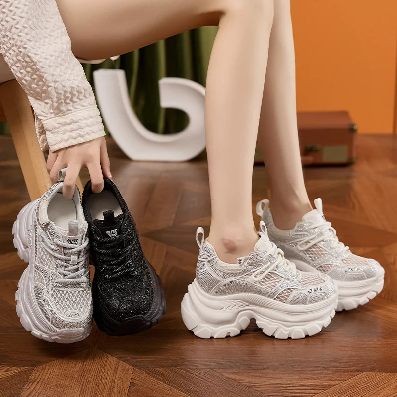 AUTUSPIN 9cm Women Internal Heighten Shoes Summer Patchwork Mesh Crystal Shiny Shoes Ladies Thick Bottom Platform Chunky Sneaker