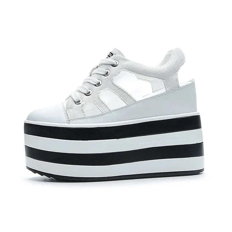 Fujin 12cm Platform Wedge Shoes Sandals for Women Sneakers Summer Shoes Hollow Cut Summer Sneakers Genuine Leather