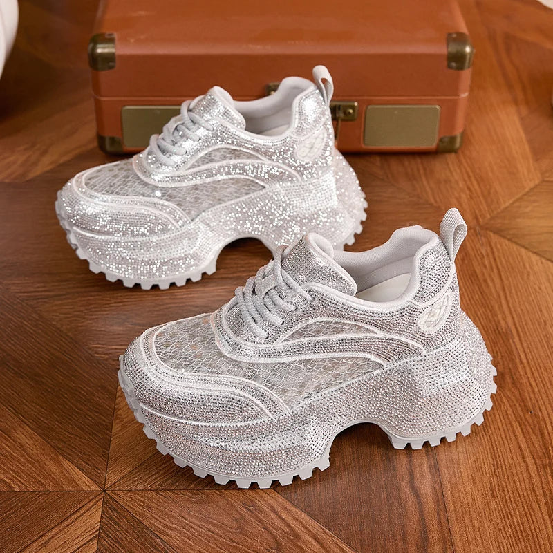 AUTUSPIN 7.5cm Thick Soled Women Shoes Summer Fashion Lace Spilcing Leather Chunky Sneakers Street Style Tide Crystal Shoes