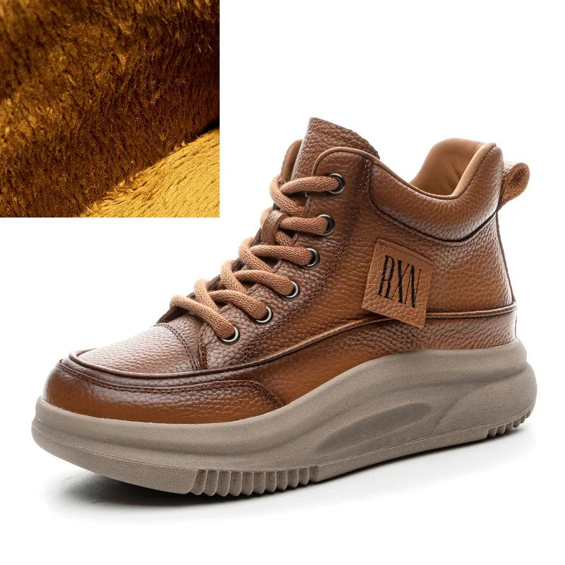 DRKANOL Fashion Autumn Winter Chunky Platform Warm Ankle Boots For Women Genuine Cow Leather Wedges Heel Casual Short Boots Lady