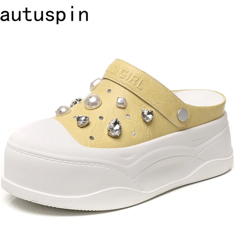 AUTUSPIN Yellow Sandals Women Summer New Design Ladies Shoes Wide Toe Fashion Hollow Out Sandalias Woman Beach Chunky Slippers