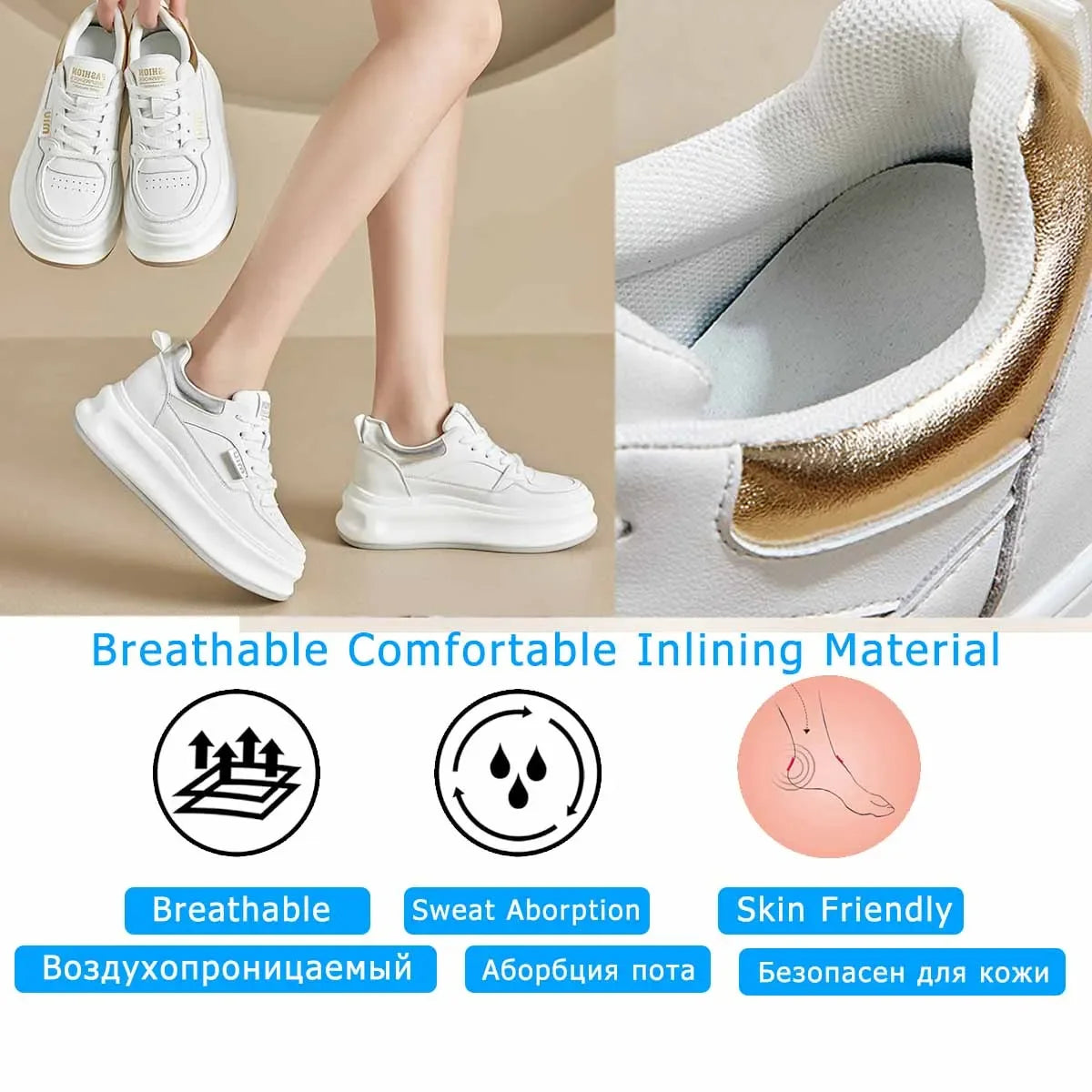 Fujin 6.5cm Cow Genuine Leather Comfy Breathable Sneakers Vulcanized Chunky Hidden Heel Block Skate Board Platform Wedge Shoes