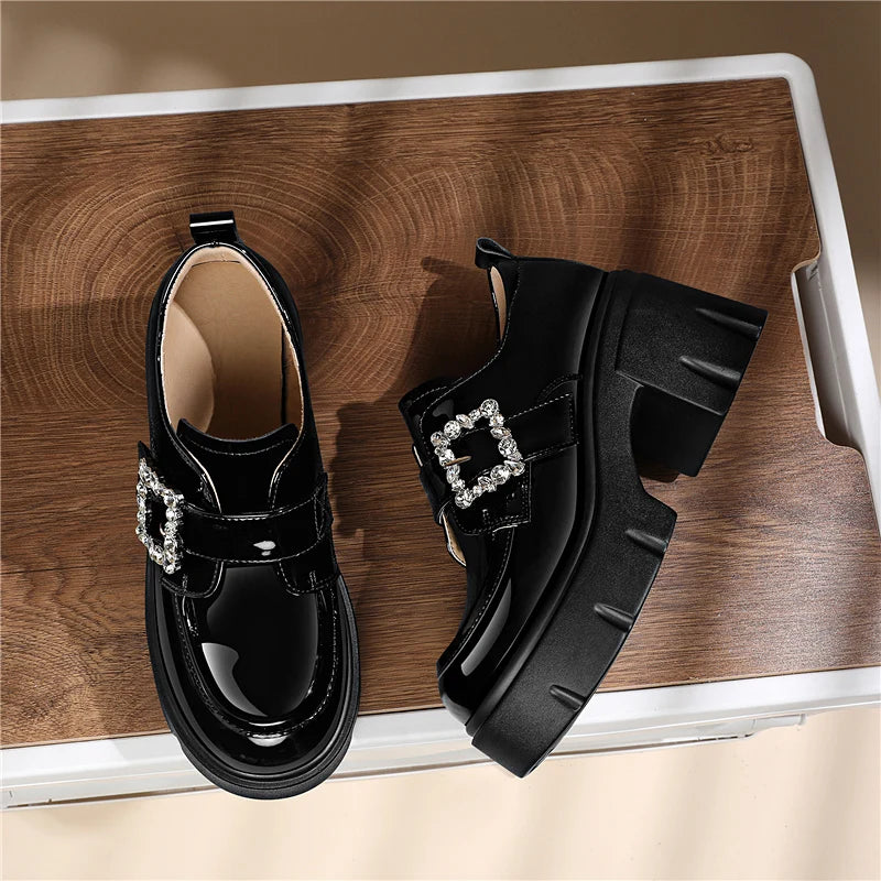 AUTUSPIN 2025 Fashion Crystal Elegant Pumps Female Round Tou High Platform Thick Heels Woman Microfiber Leather Ladies Shoes