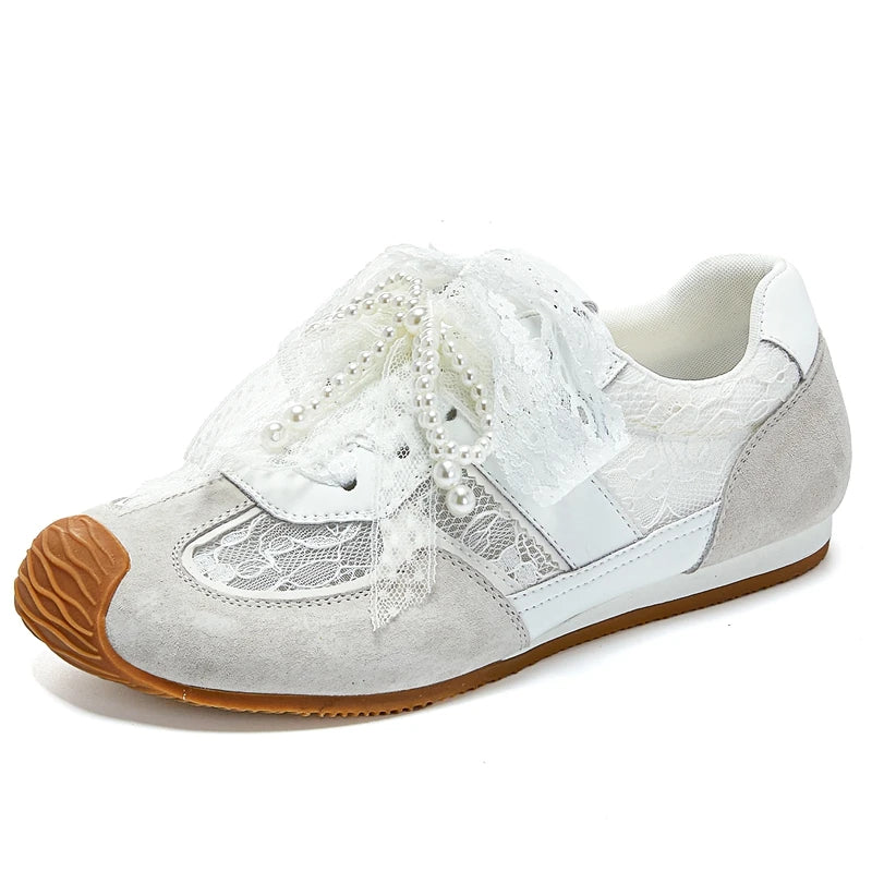 AUTUSPIN Sweet Women Shoes for Summer Lace Genuine Leather Female Sneakers String Beads Flat Platform Ladies Casual Sneaker