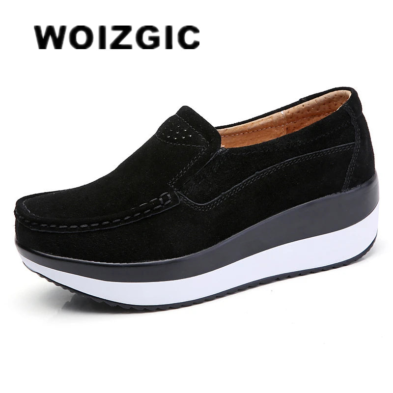 WOIZGIC Women's Woman Female Ladies Cow Suede Genuine Leather Shoes Flats Loafers Platform Moccasins Elegant Slip On PX-3213
