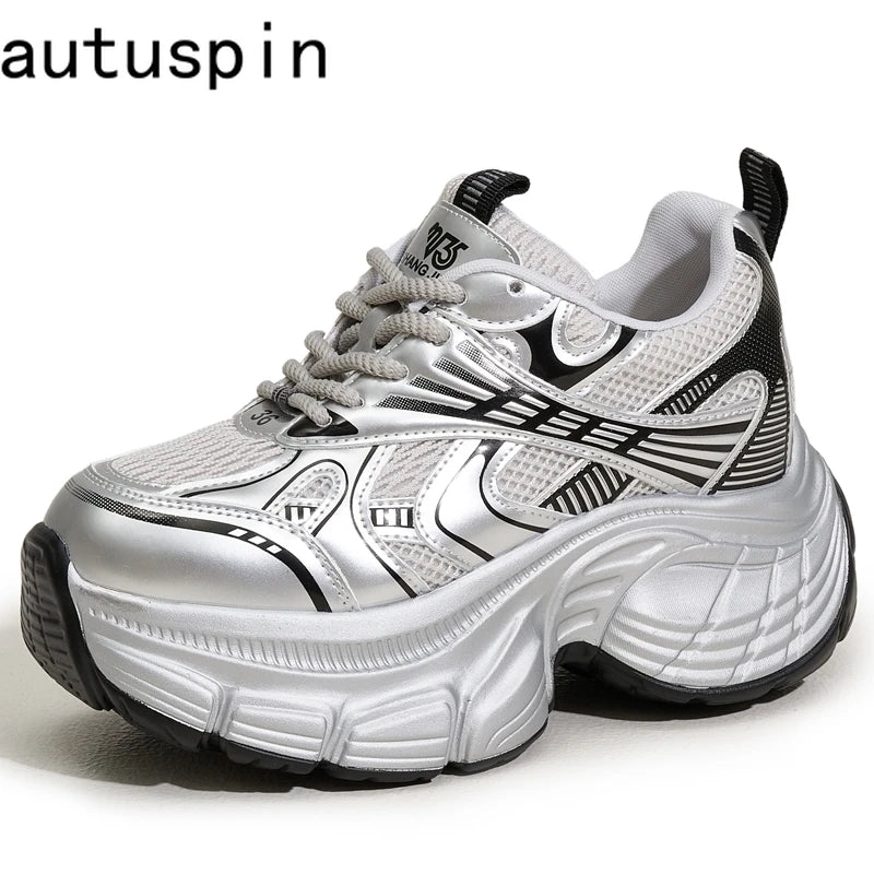 AUTUSPIN 7cm High Thick Bottom Shoes for Women Spring Summer Outdoor Sneakers Tide Trendy Breathable Mesh Shoe 2025 Fashion
