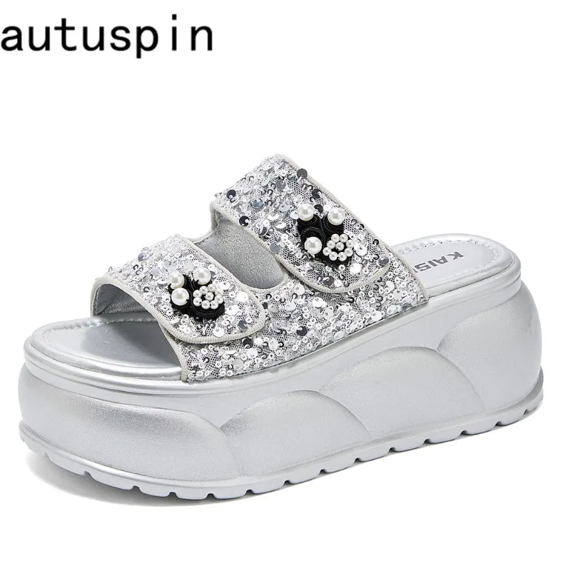 AUTUSPIN 7cm Women Sandals Summer Fashion Wedges Platofrms Shoes Leisure Slides Female Beads Decoration Slippers Size 34-39