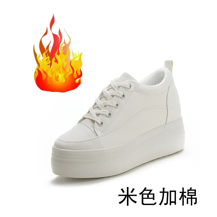 fujin 8cm 2024 Genuine Leather Women shoes white skateboard sneakers platform wedge shoes air mesh hollow breathable