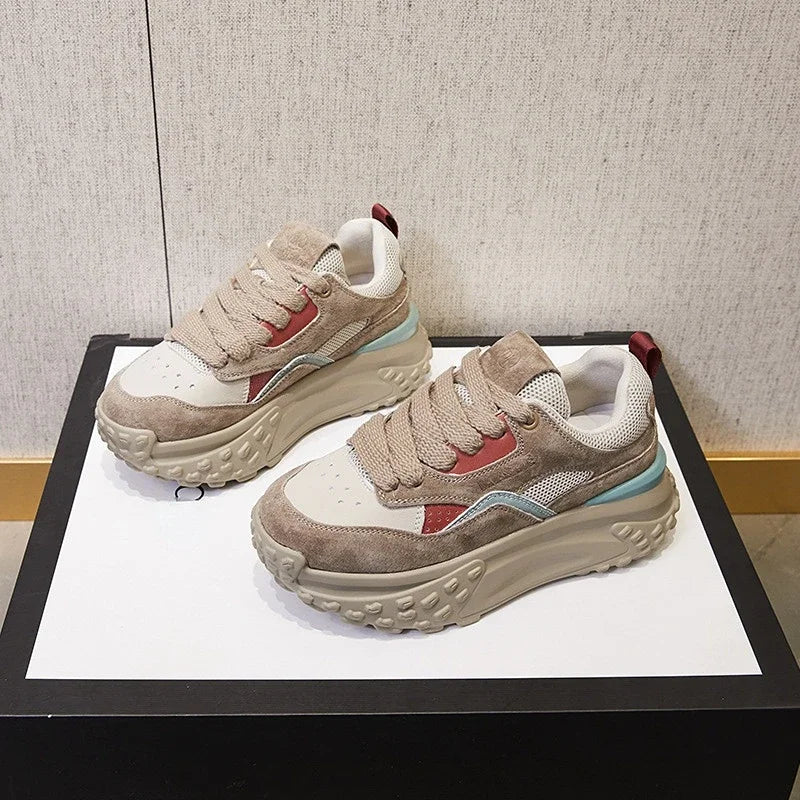 Fujin 6cm Genuine Leather Platform Mesh Breathable Sneakers Chunky Hidden Heel Mixed Color Women Autumn Spring Vulcanize Shoes