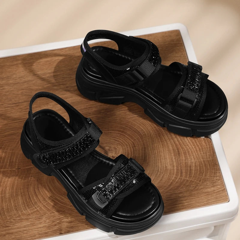 Autuspin 4.5cm Thick Bottom Women Rome Sandals Summer Fashion Ladies Leisure Ankle Wrap Shoes Woman Genuine Leather Bling Flats