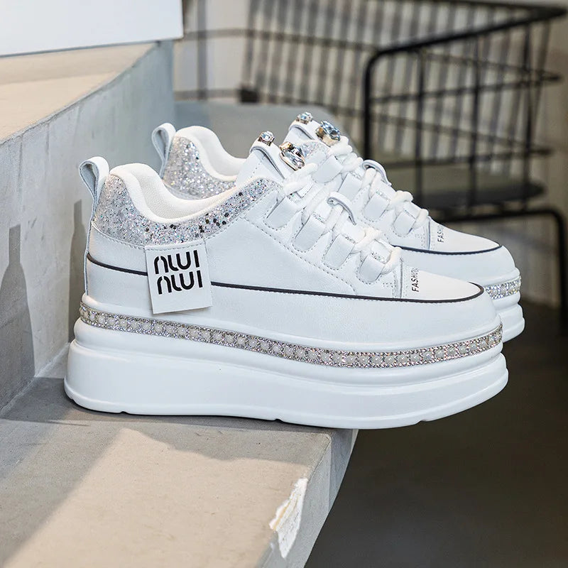 Fujin 7cm Genuine Leather Women Platform Wedge Autumn Spring Hidden Heels Women Vulcanized Bling Chunky Sneakers Casual Shoes