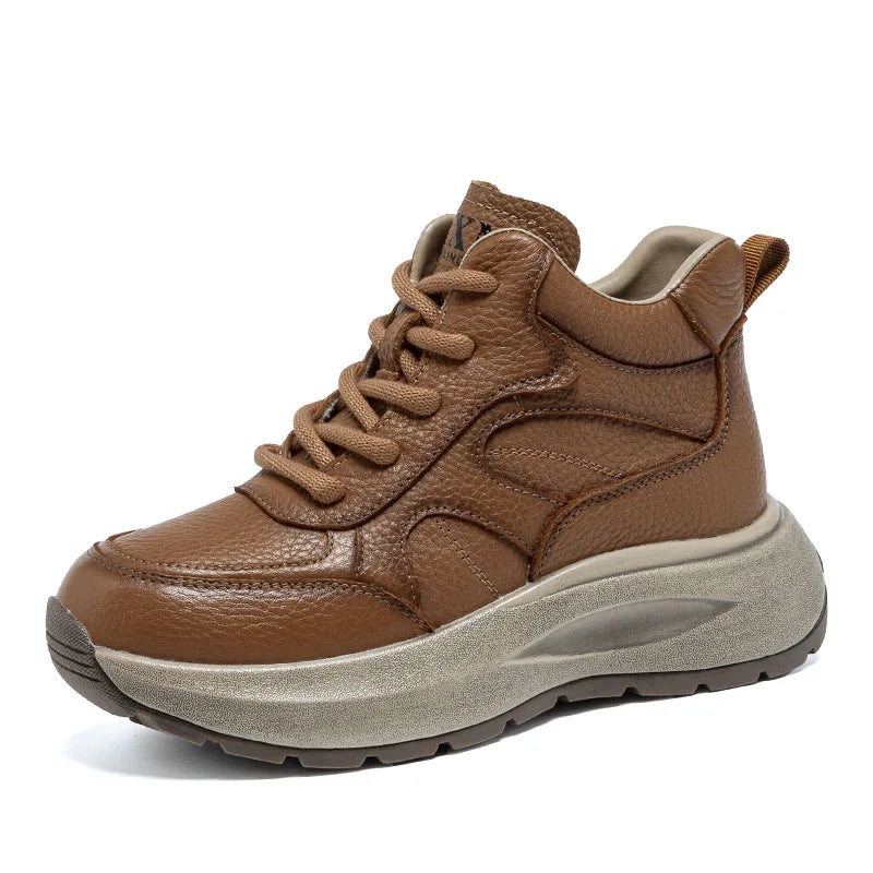 DRKANOL Women Thick Sole Platform Casual Sneakers Mixed Colors High Top Genuine Leather Wedges Heel Shoes Ladies Ankle Boots