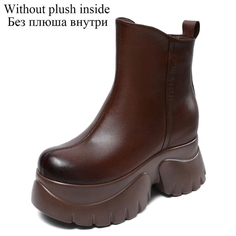 DRKANOL Women Genuine Leather Boots 2025 Autumn Winter Warm Platform Height Increasing 9.5cm High Heel Retro Casual Ankle Boots