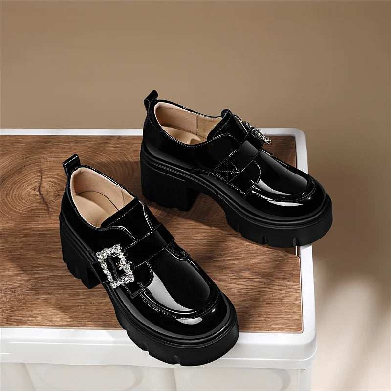 AUTUSPIN 2025 Fashion Crystal Elegant Pumps Female Round Tou High Platform Thick Heels Woman Microfiber Leather Ladies Shoes