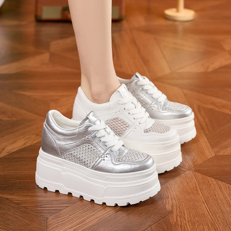AUTUSPIN Summer Splicing Women's Shoes Breathable Air Mesh Sneakers Outdoor Leisure Female High Platform Sports Shoes Woman