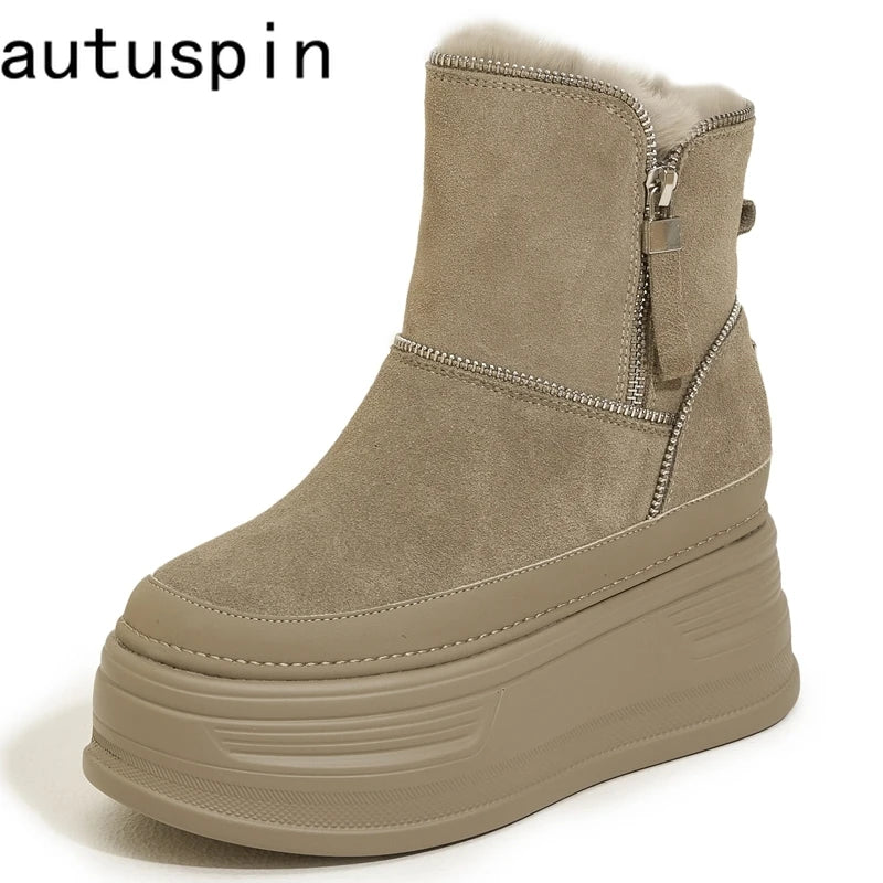 AUTUSPIN 7cm Platform Thick Bottom Snow Boots Women Winter Warm Plush Ladies Ankle Boot Suede Genuine Leather Female Shoes Woman