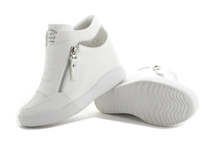 Fujin Large Size 7cm Platform Wedge Sneakers Women Boots Shoes Double Zip Leather Rhineston Fashion Sneakers Botas Hidden Heel