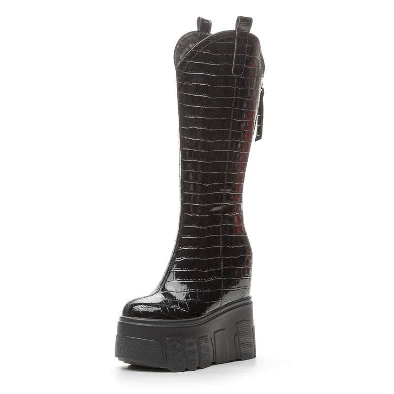 AUTUSPIN 13cm Increase Height Women Boots Fashion Sexy Black Long Boot Shoes Winter Warm Plush Super High Heels Platform Boots
