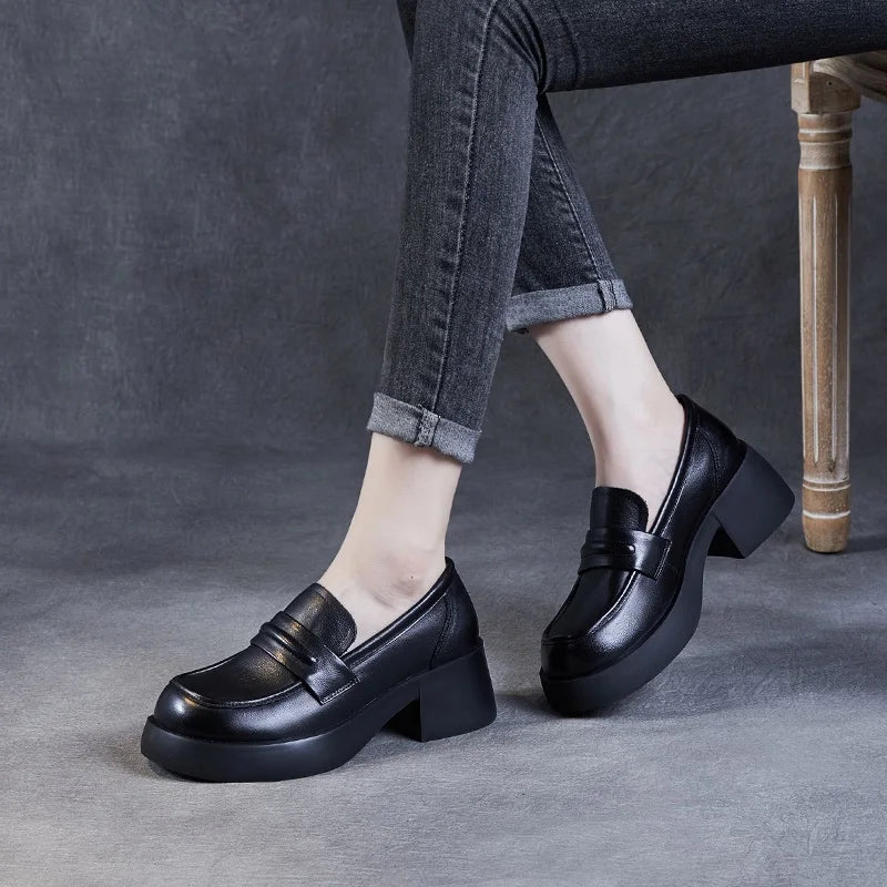 DRKANOL 2025 Women Genuine Leather Loafers High Quality Genuine Leather Slip-On Chunky Platform Pumps Women High Heel Shoes