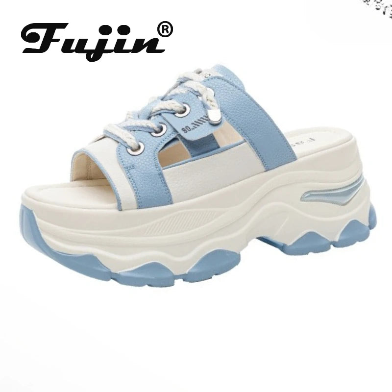 Fujin 7cm Microfiber Leather Synthetic Platform Wedge Slipper Chunky Heels Mary Jane Slip on Summer Breathable Pumps Shoes