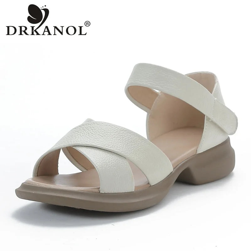 DRKANOL Women Sandals 2025 Summer Open Toe Shoes Solid Color Concise Genuine Leather Thick Heel Hook And Loop Casual Sandals