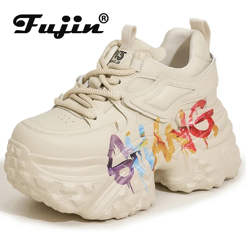 Fujin 10cm Microfiber Leather Chunky Sneakers Spring Autumn Casual Platform Wedge Women Fashion Vulcanize Women Plush Shoes