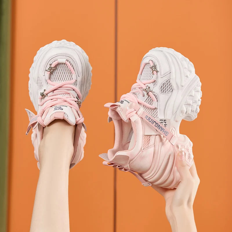 AUTUSPIN Women Shoes Mixed Colors Ladies Chunky Leisure Sneakers Summer Breathable Mesh Synthetic Leather Sports Shoes Popular