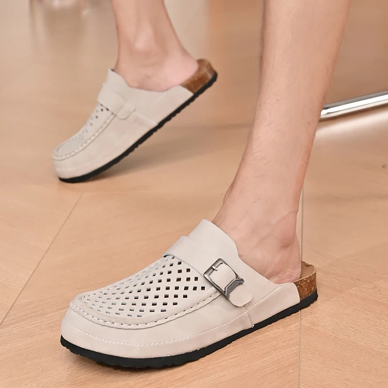 STRONGSHEN Men Half Slippers Summer Casual Fashion Mens Genuine Leather Sandals Breathable Slip on Soft Sole Shoes Moccasins