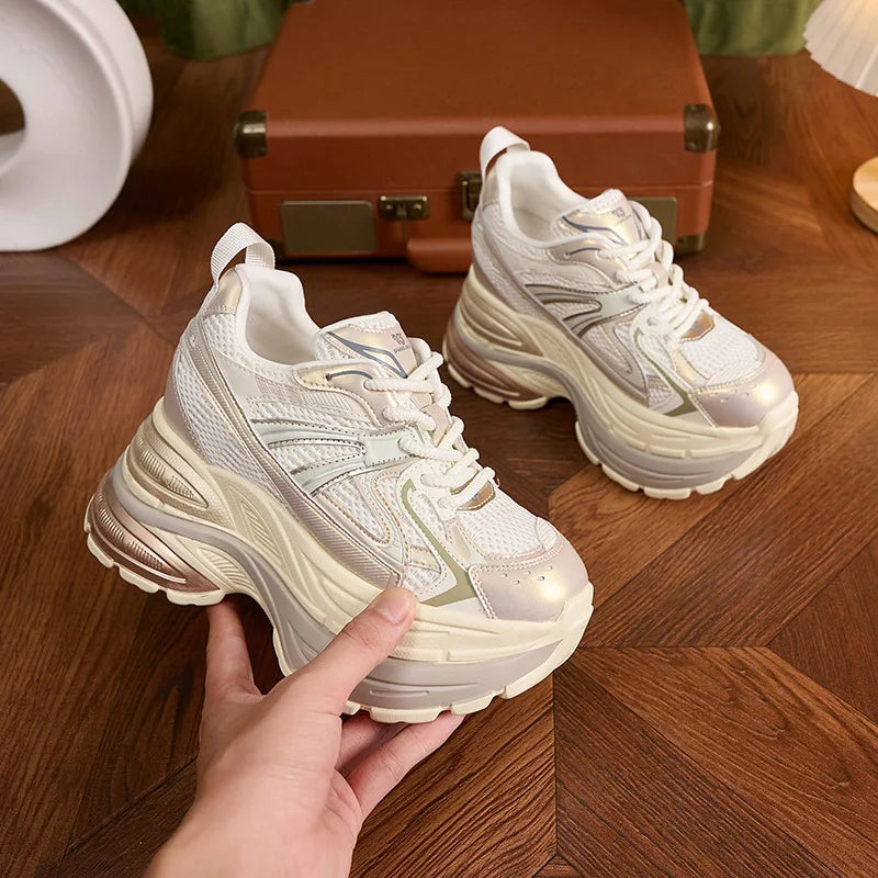 Fujin 10cm Genuine Leather Chunky Sneakers for Women Fashion Sneakers Walking Shoes Platform Heel Sneakers Women Casual Shoes