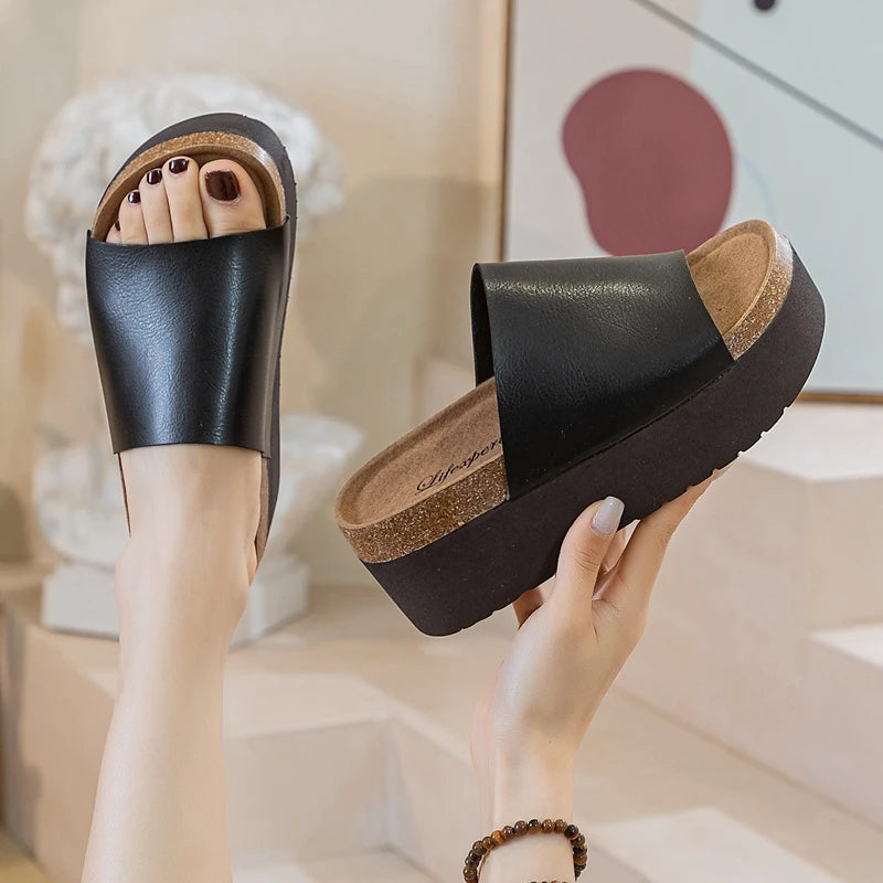 AUTUSPIN Fashion Ladies Slippers Sandals High Platform Comfort Casual Shoes Women Summer Soft Leather Outside Wedges Heels Woman