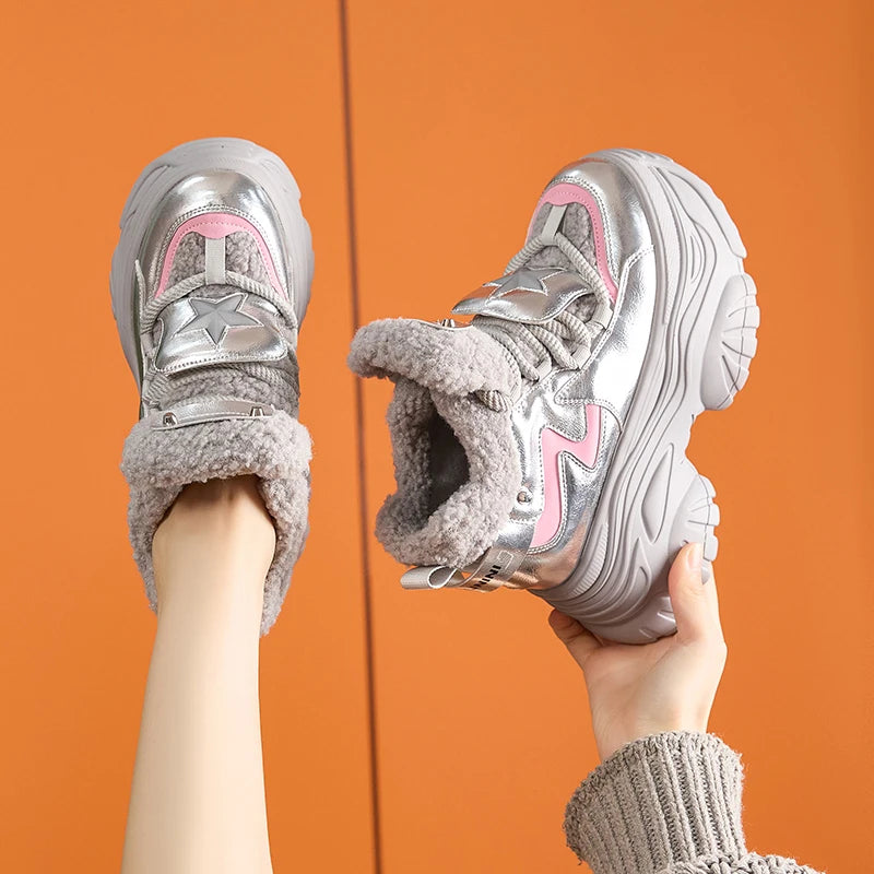 AUTUSPIN 8cm Winter Increased Height Warm Shoes for Women Fashion High Platform Thicken Sneakers Trendy Leather Chunky Shoes