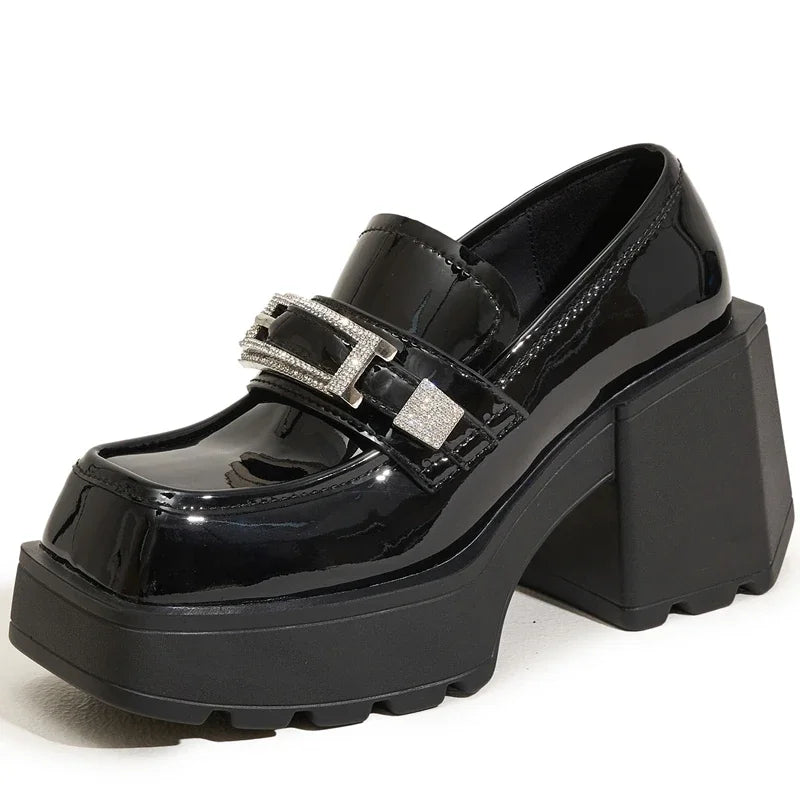 AUTUSPIN 9cm High Thick Heels Mary Janes Shoes Women Fashion Crystal Woman Pumps Patent Leather Shallow Female Platform Shoes