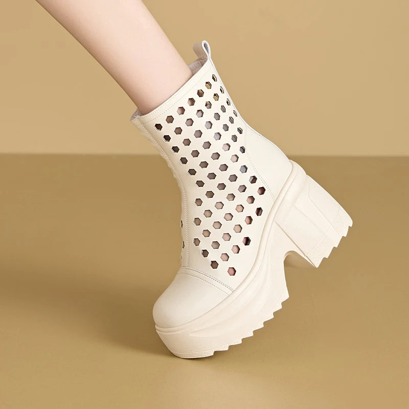Autuspin 10cm Women Summer Short Boot Fashion Hollow Genuine Leather Thick High Heels Ladies Round Toe Ankle Boots Shoes Woman