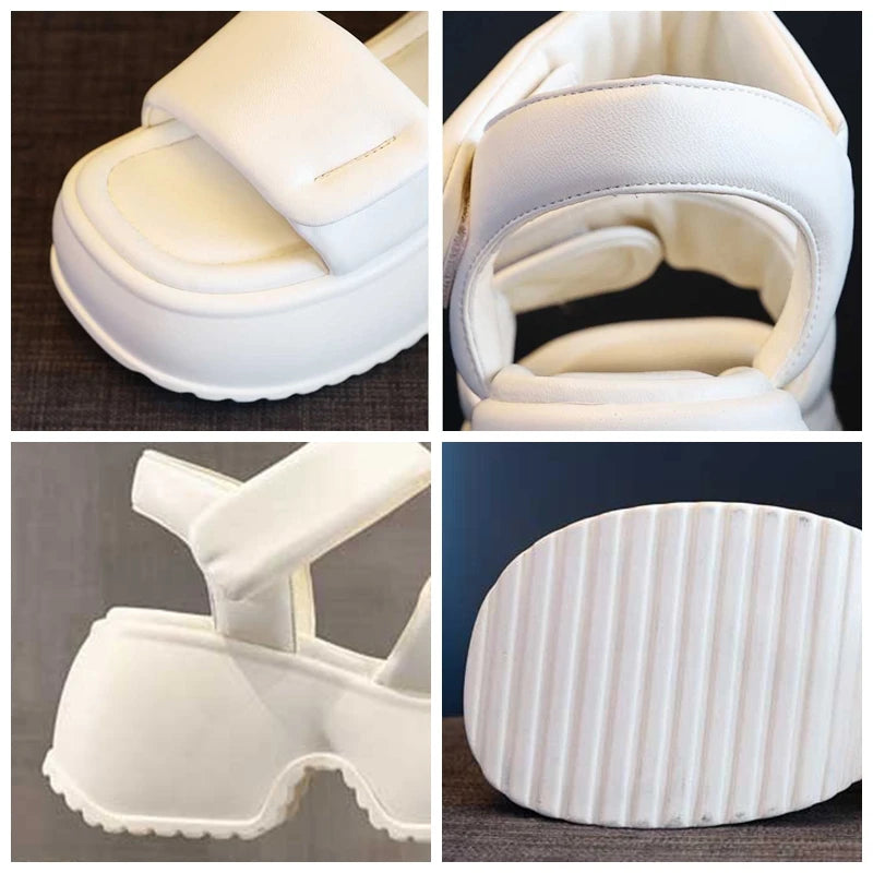 Fujin 8.5cm Platform Wedge Retro British Women Fashion Mules Ins Hot Sell Microfiber Leather Weave Sandals Ladies Shoes Summer