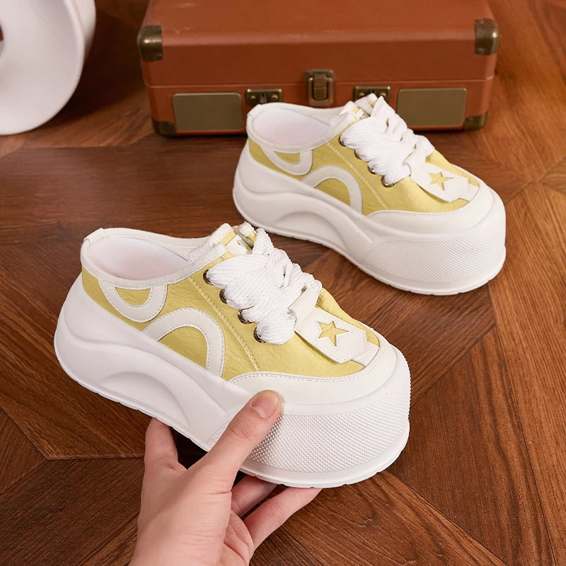 AUTUSPIN 6cm Platform Flats Sneakers for Women Summer Round Toe Slippers Fashion Wide Toe Leather Ladies Slides Shoes Lace-up